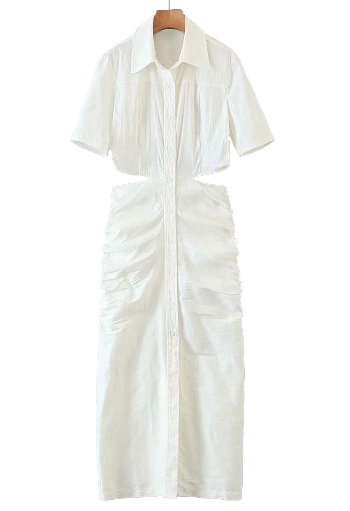 Cutout Waist Side Ruched Shirt Dress in White | Chicwish