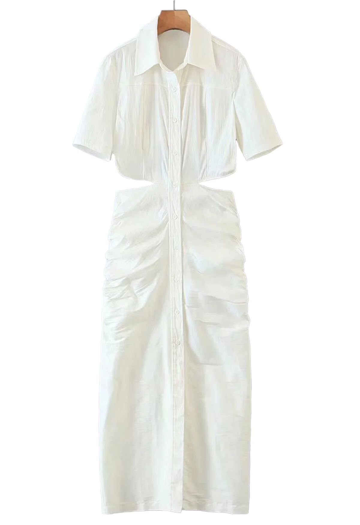 Cutout Waist Side Ruched Shirt Dress in White | Chicwish