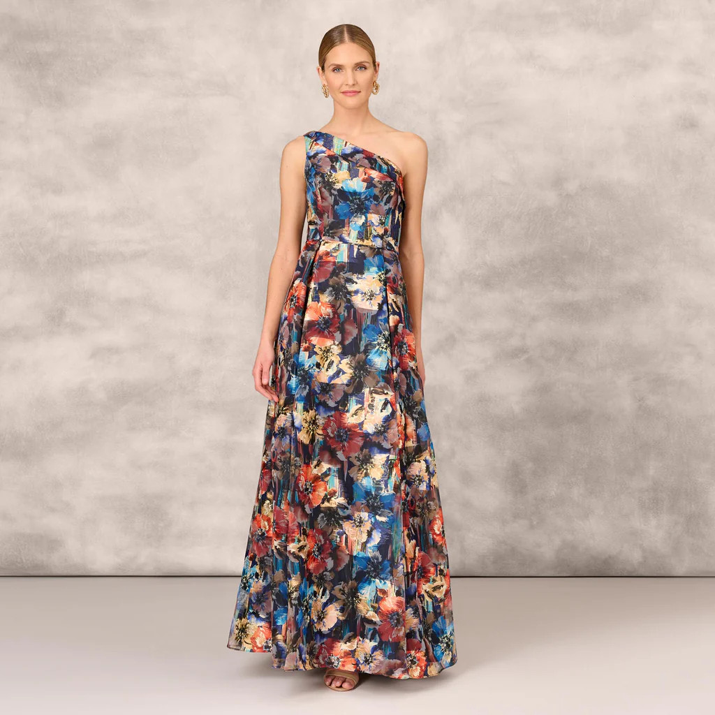 Floral Printed Metallic Organza Burnout One Shoulder Long Ball Gown With Pockets And Slit In Blue... | Adrianna Papell