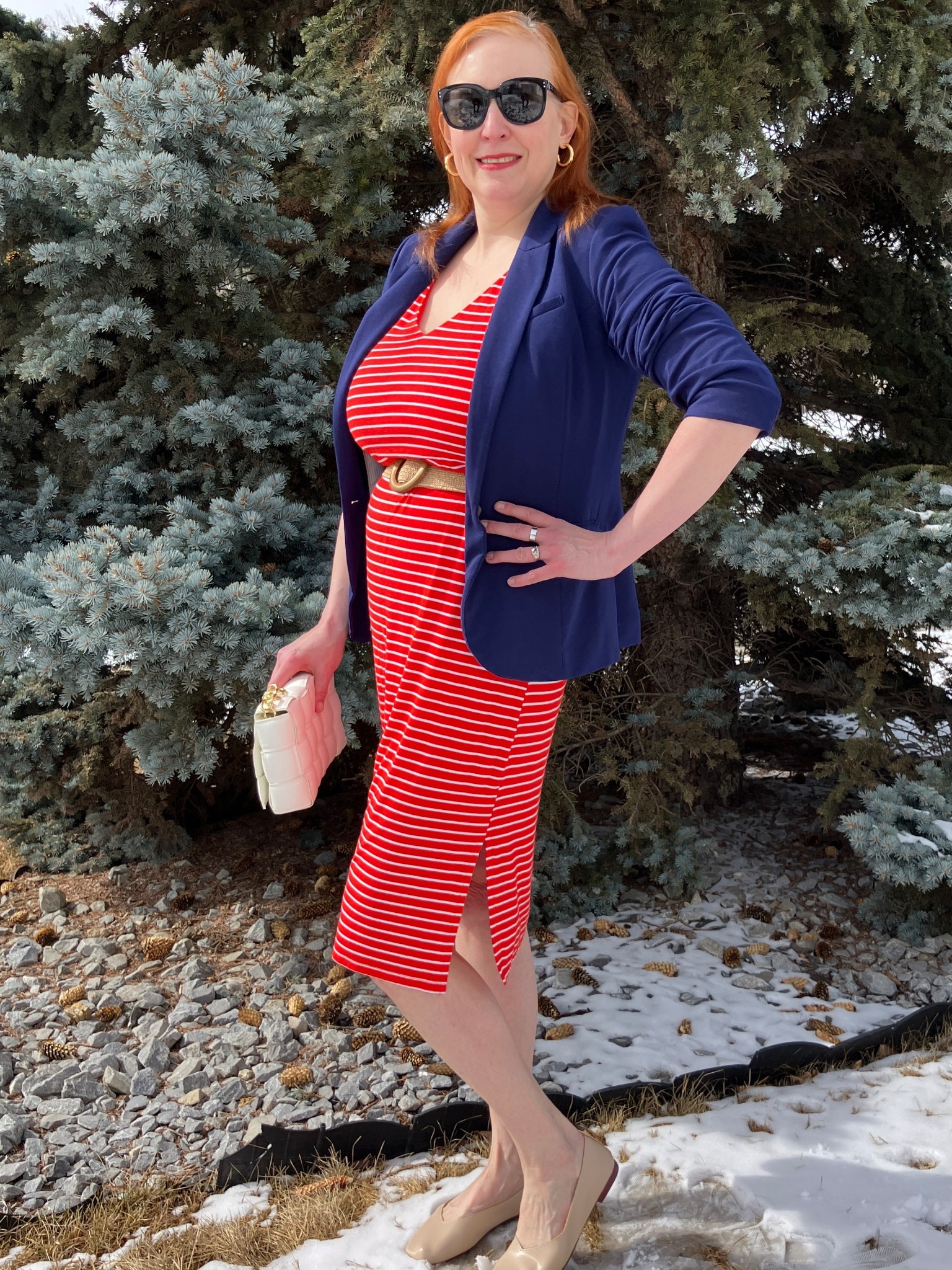 This look reminds me of sailing away! Can you wear horizontal stripes when you’re curvy? Heck yes! I chose to break up the stripes a bit by wearing a navy blazer and brown straw belt. I also didn’t want to go too matchy matchy so I added a pair of neutral shoes. But to tie the look together I chose my white bag. As far as the weather update, it snowed! 😫 And the roads are icy too. Yay. Canadians click on the first links to shop, and Americans click on the second links to shop. If there’s only one link then you can shop it in your own country. And remember, trendy doesn’t have to be expensive! Bye!

#LTKTall #LTKootd #LTKOver40