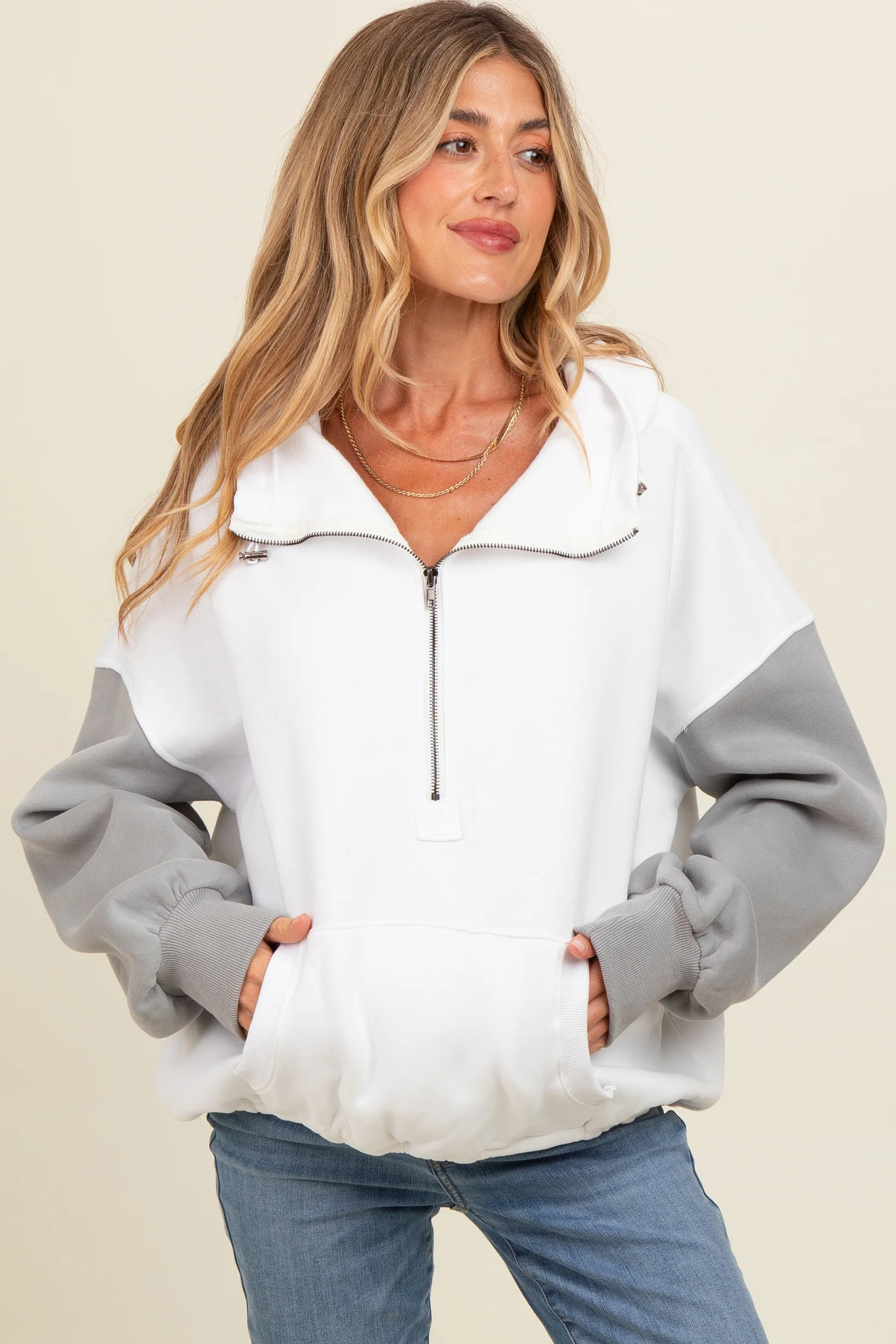 White Colorblock Half Zip Maternity Hoodie | PinkBlush Maternity