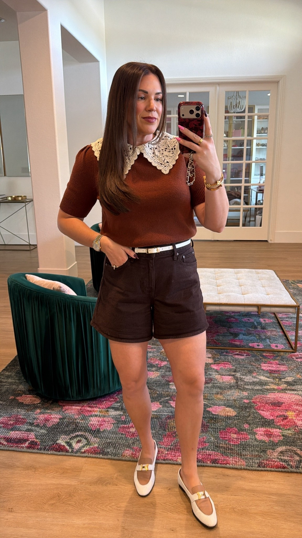curvy midsize fall look! wearing size medium in short sleeve rust sweater with lace collar and size 30 in chocolate brown denim shorts 🤎

#LTKSeasonal #LTKMidsize