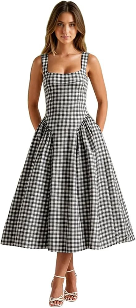 Plaid Prom Dresses Midi for Women Spaghetti Strap Summer Dress | Amazon (US)