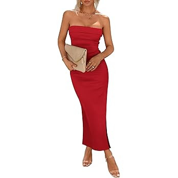 PRETTYGARDEN Women's Summer Bodycon Maxi Tube Dress Ribbed Strapless Side Slit Long Going Out Cas... | Amazon (US)