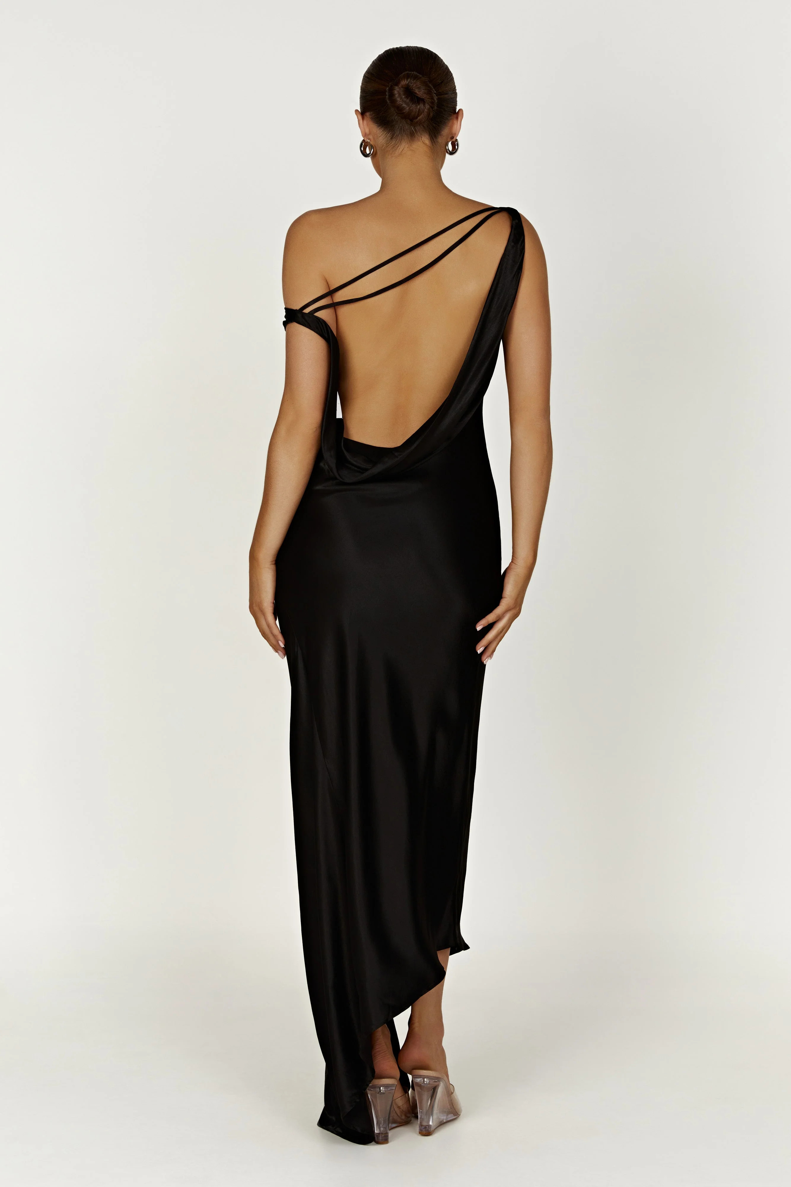 Yvette Slip Maxi Dress With Asymmetrical Hem - Black | Meshki UK