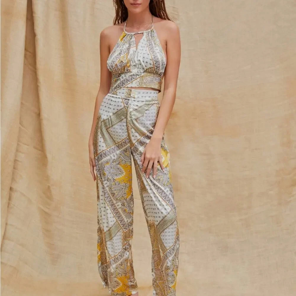 Cider Boho Paisley Backless Tank Top halter and pants set high waisted wide leg | Poshmark