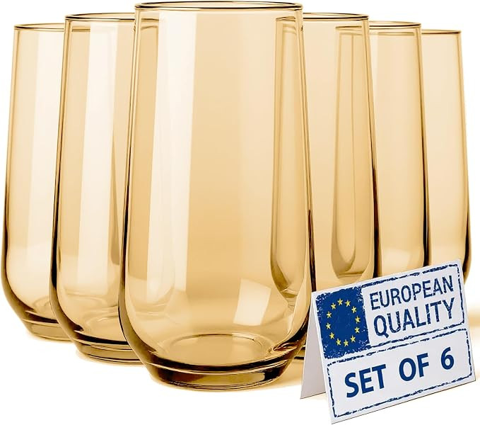 Amber Drinking Glasses Set of 6 | Translucent Yellow Glassware | 16 oz Amber Glass Cups | Highbal... | Amazon (US)