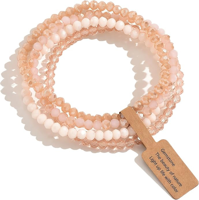 4Pcs Boho Beaded Bracelets for Women Stackable - Crystal Glass Stretch Bracelet Stack Set, Handma... | Amazon (US)