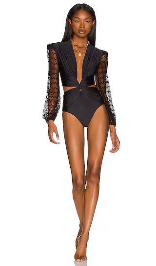 Plunge Netted Sleeve Swimsuit in Black | Revolve Clothing (Global)