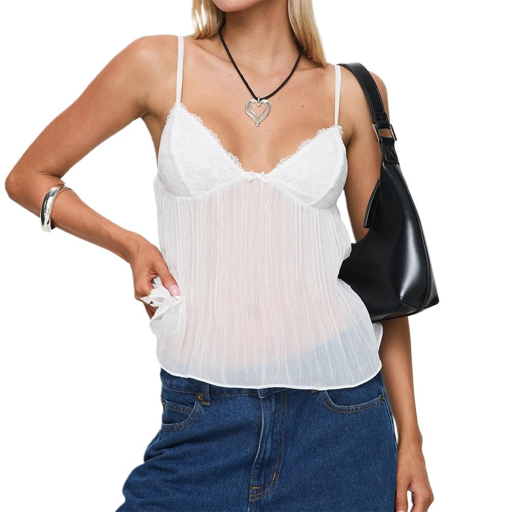 Women Pleated Camisole Sexy Sheer Mesh Spaghetti Strap Tank Top Lace Trim V Neck Bustier Cami Top... | Amazon (US)