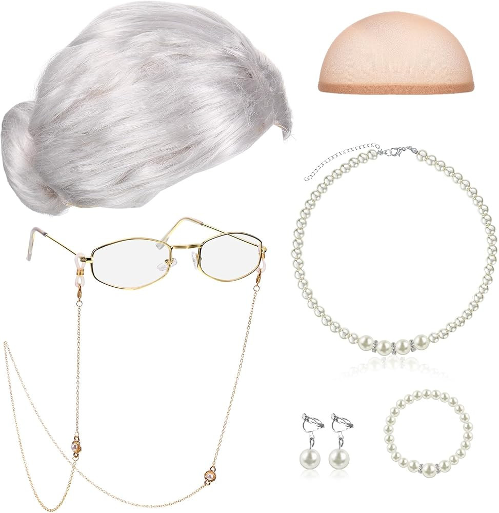 Gejoy 7 Pcs Old Lady Wig Costume Set Grandma Hair Cap Glasses Chain Pearl Necklace for 100th Day ... | Amazon (US)