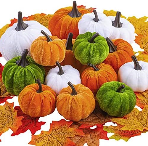 Amazon.com: Fovths 15 Pack Artificial Pumpkins Set Velvet Pumpkins Fall Harvest Decoration Pumpki... | Amazon (US)