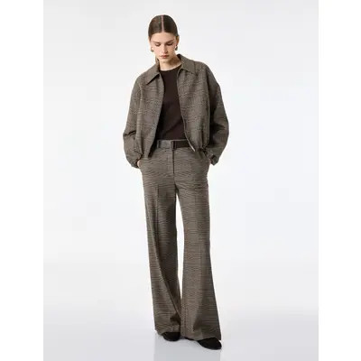 Koton Long Sleeve Pointed Collar Plaid Bomber Jacket in Brown Check at Nordstrom, Size 2 | Nordstrom