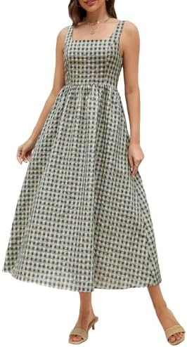 Ladyful Womens Summer Gingham Maxi Dress Spaghetti Strap A-line Checkered Long Dress Square Neck ... | Amazon (US)