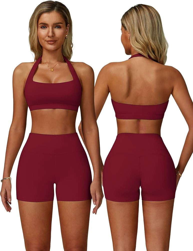 ABOCIW Workout Sets for Women Square Neck Halter Sports Bra High Waist Biker Shorts 2 Piece Gym Y... | Amazon (US)