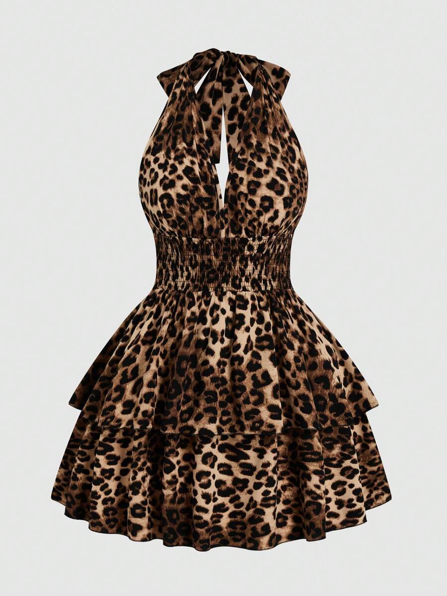 Sunspun Plus Size Leopard Print Backless Sleeveless Mini Dress | SHEIN