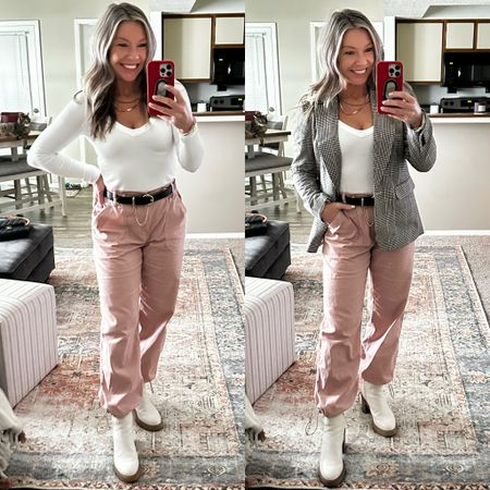Seamless v-neck tee is the perfect layering piece - and under $8 -pick it up in every color. I got a medium but should have stuck with a small. Pink cargo pants are sold out but linked in case they restock. The belt is only $10 and another must-have item! Blazer -linked similar. Mix and match from Walmart and Buckle  

#LTKfindsunder50 #LTKfindsunder100 #LTKSeasonal