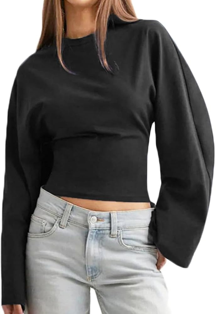 Women Trendy Crew Neck Tighten Waist Crop T Shirt Casual Solid Loose Fit Long Sleeve Drop Shoulde... | Amazon (US)