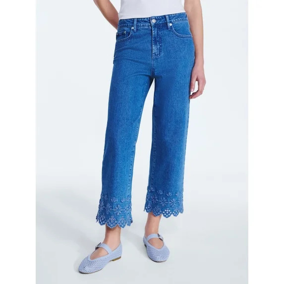 Free Assembly Women's and Women's Plus Embroidered Eyelet Cropped Jeans, 28" Inseam, Sizes 0-26 P... | Walmart (US)