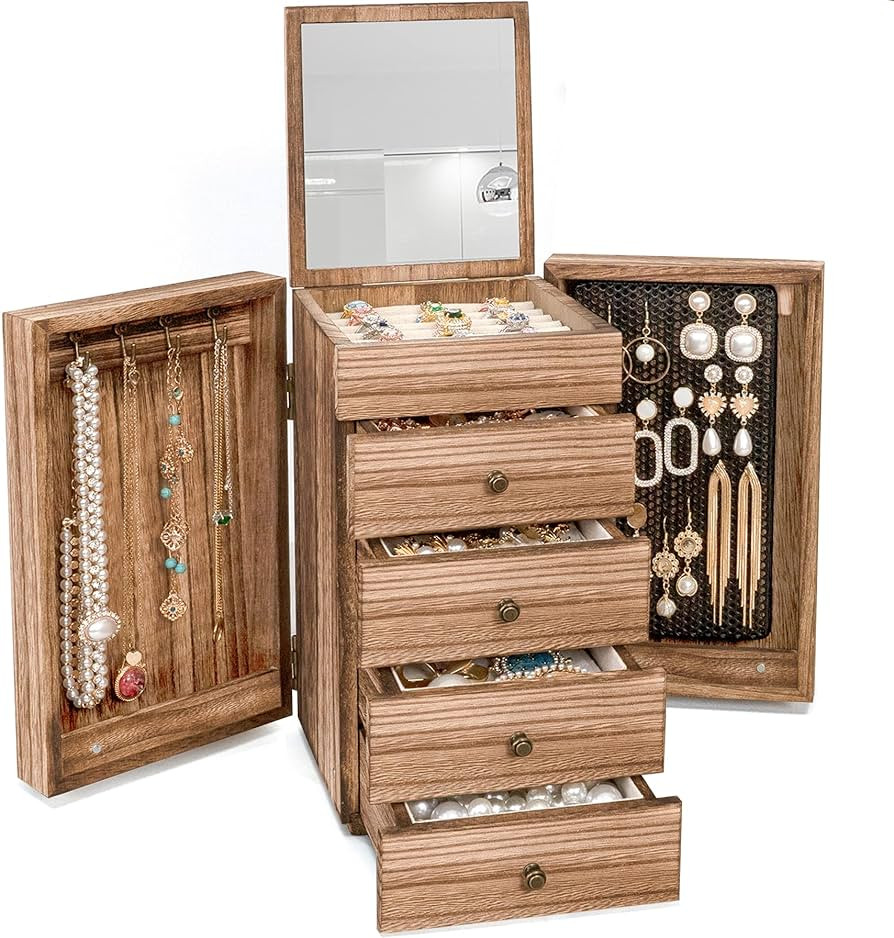 Meangood Jewelry Box Wood for Wowen, 5-Layer Large Organizer Box with Mirror & 4 Drawers for Ring... | Amazon (US)
