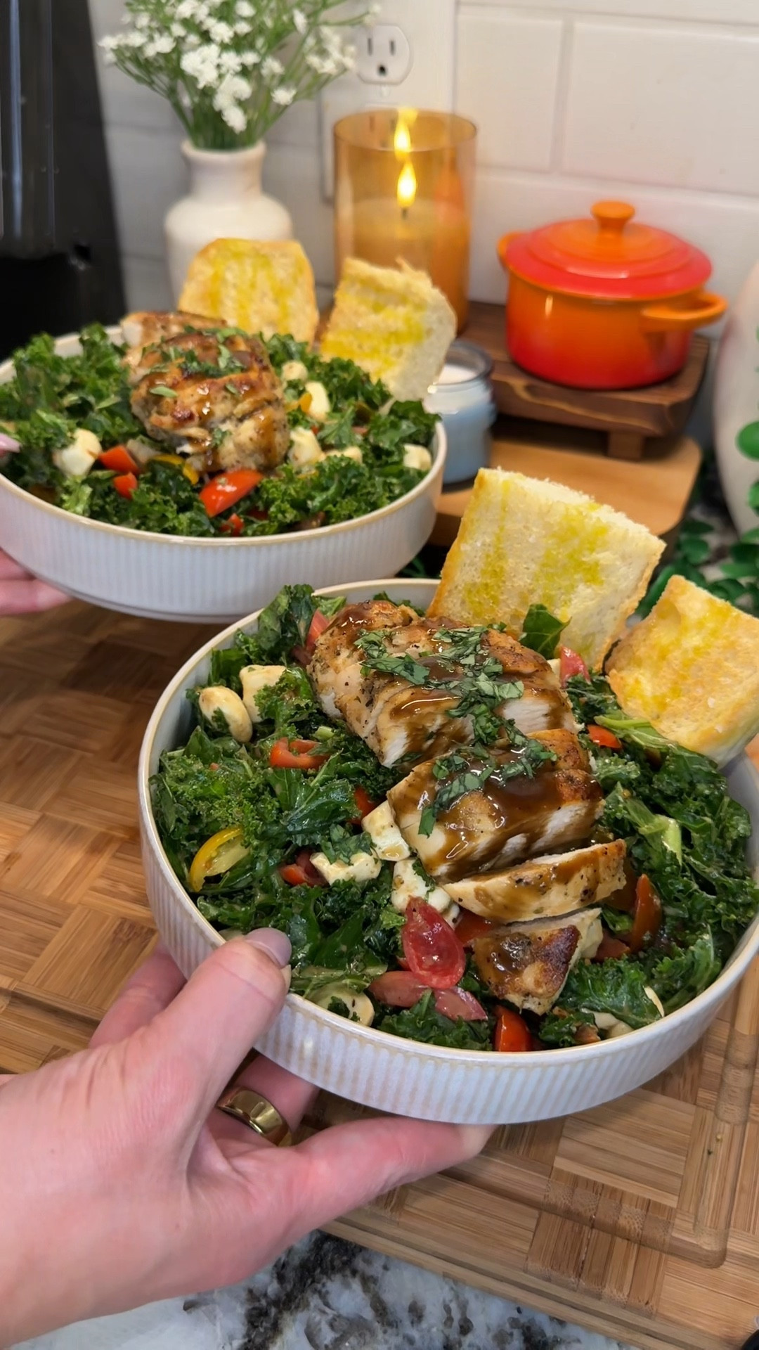 will be making this caprese chicken kale salad all summer long🍅🌿✨packed with bright flavors, crunchy veggies, juicy chicken & balls of mozzarella cheese in every bite!

paired with a velvety, creamy balsamic dressing- a tasty & healthy weeknight meal you’ll have on repeat!

#familydinnerideas #kitchenfavorites #cookingessentials #summersalad

Ingredients:
- 1 lb boneless skinless chicken breast
- 1 tbsp olive oil
- 1 tsp salt
- 1 tsp black pepper
- 2 tsp onion powder
- 2 tsp garlic powder
- 1 tsp Italian seasoning
- 3 cups kale
- 1/3 cup chopped fresh basil
- 16 oz colorful cherry tomatoes
- 8 oz mozzarella pearls

dressing:
- 1/3 cup olive oil
- 1/4 cup balsamic vinegar
- 2 tbsp honey
- 1 tbsp Dijon mustard
- 2 tsp parsley flakes
- salt & pepper to taste
serve with toasted bread

#LTKHome #LTKSummerEdit #LTKFamily