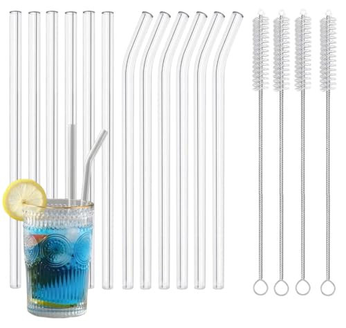 16-Pack Reusable Glass Straws,Clear Glass Drinking Straws, Size(8.5''x10MM), Set of 6 Straight and 6 Bent with 4 Cleaning Brushes, Perfect for Smoothies, Milkshakes, Juice, Tea | Amazon (US)