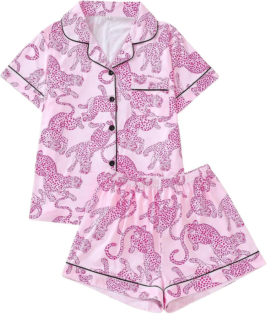 WDIRARA Women's Two Piece Animal Print Short Sleeve Button Shirt and Elastic Waist Shorts Pajama ... | Amazon (US)