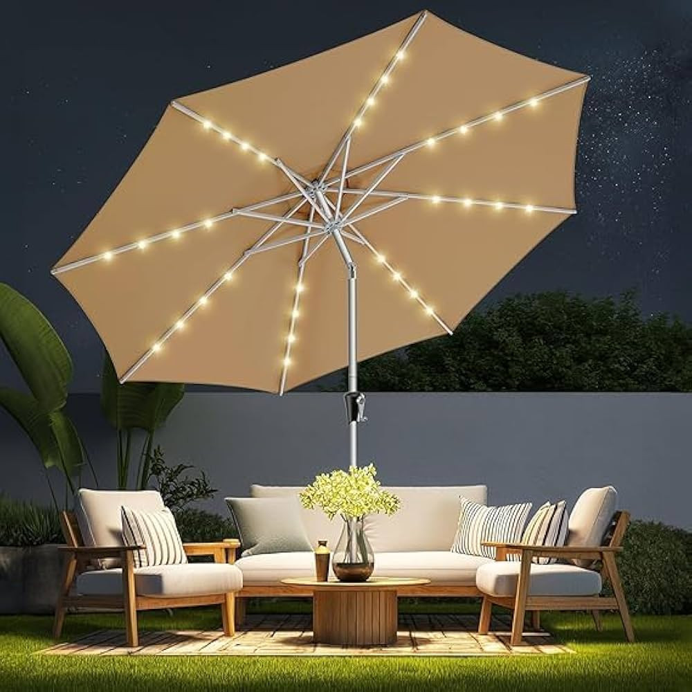 HOMSHADE 9ft Aluminum Patio Umbrella with Solar Lights - LED Outdoor Table Market Umbrella with 5... | Amazon (US)
