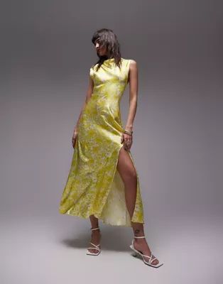 Topshop drape neck maxi dress in lime floral | ASOS (Global)