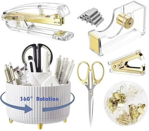 Desk Organizers and Accessories Set with 360-Degree Rotating Pen Holder, Acrylic Stapler, Tape Ho... | Amazon (US)