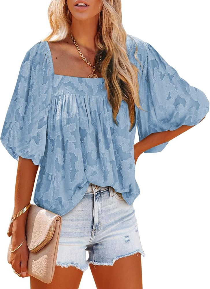 Dokotoo Womens Square Neck Babydoll Tops 3/4 Puff Sleeve Lace Blouse Summer Floral Textured Dressy S | Amazon (US)