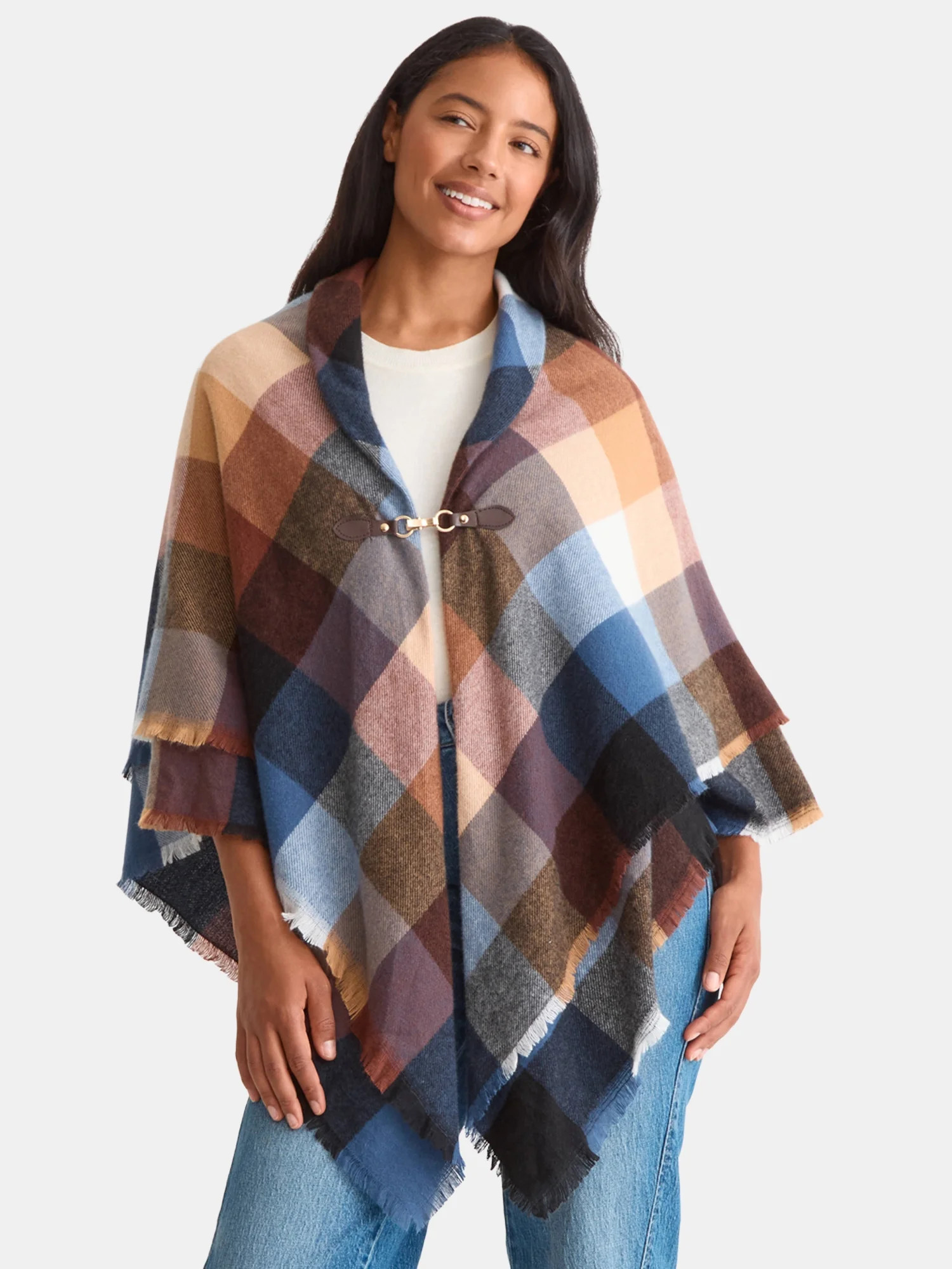 Time and Tru Women's Plaid Toggle Poncho, Tan/Brown, Size L/XL | Walmart (US)