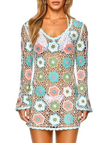 FAIRY SEASON Women's Crochet Beach Cover Up Dress Boho Bell Sleeve 3D Camellia Embroidery for Vacation, Pool Party | Amazon (US)