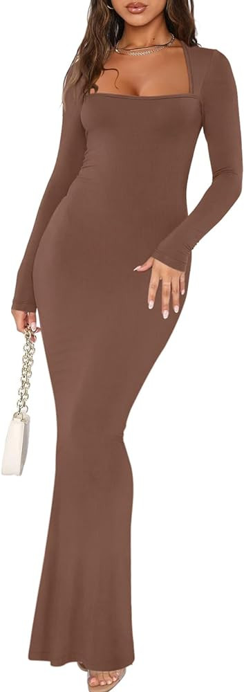 REORIA Womens Basic Sexy Square Neck Long Sleeve Soft Lounge Long Dress Fall Casual Ribbed Bodyco... | Amazon (US)