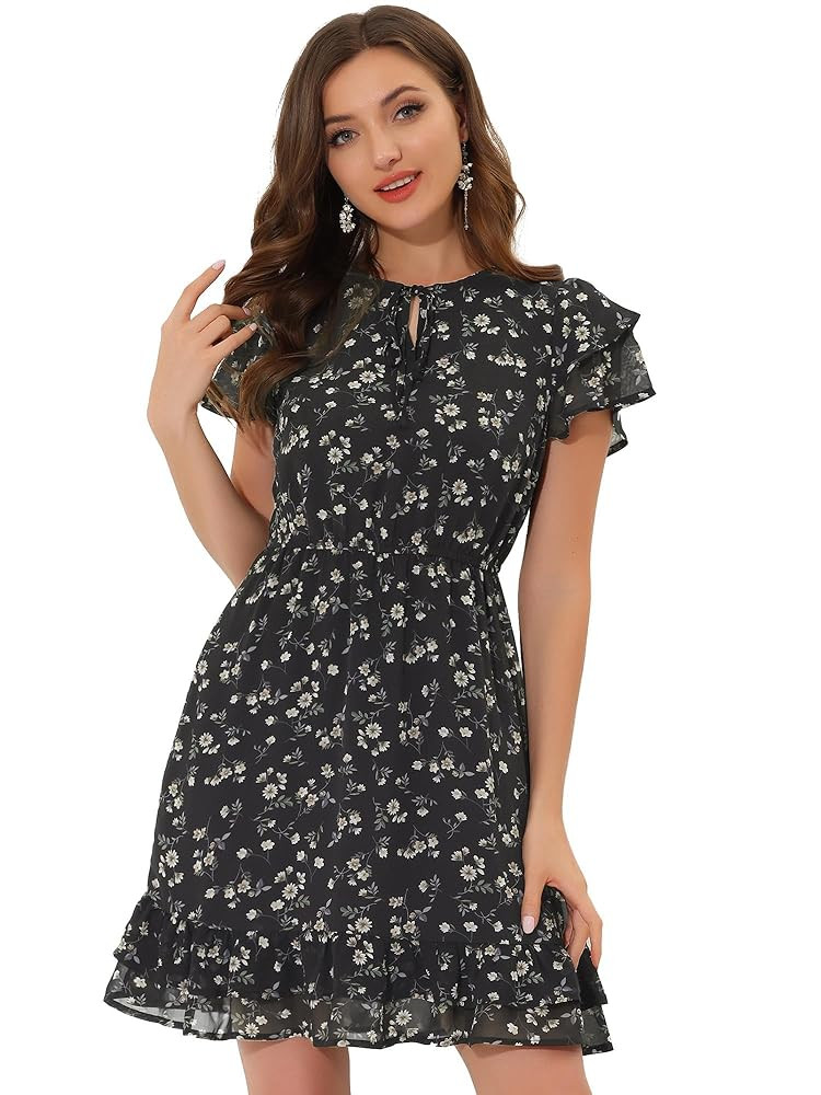 Allegra K Women's Chiffon Floral Petal Sleeve Self-Tie V Neck Flowy A-Line Ruffle Dress | Amazon (US)