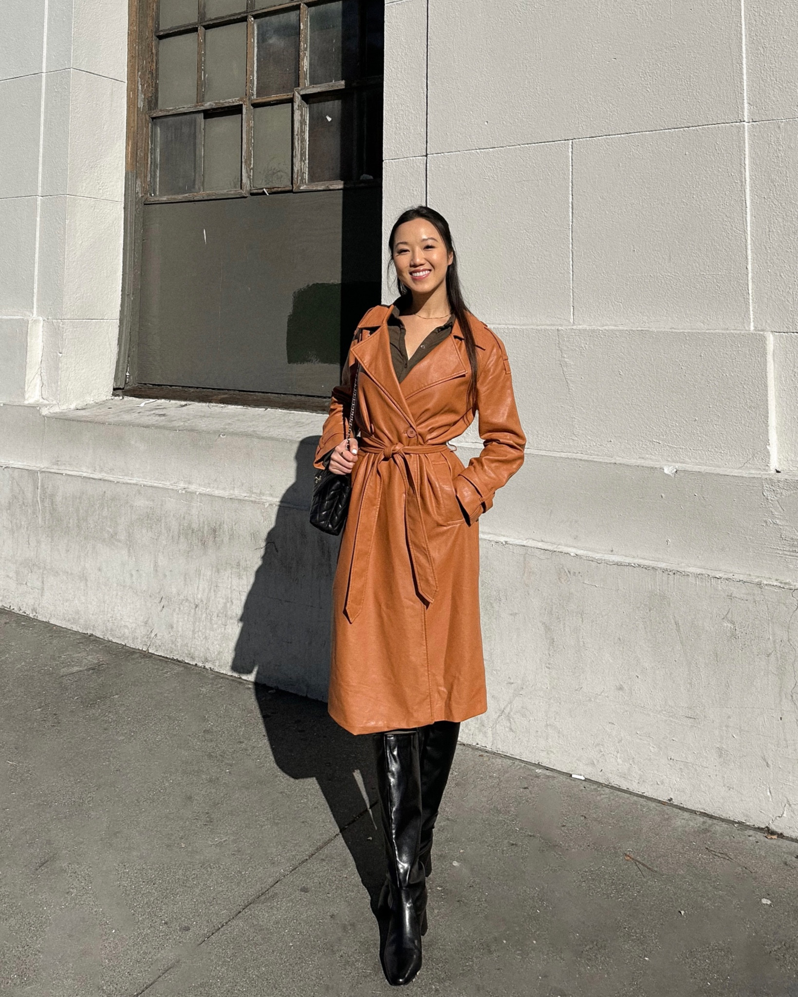 Brown vegan leather coat winter outfit inspo 

#LTKstyletip #LTKfindsunder50 #LTKSeasonal