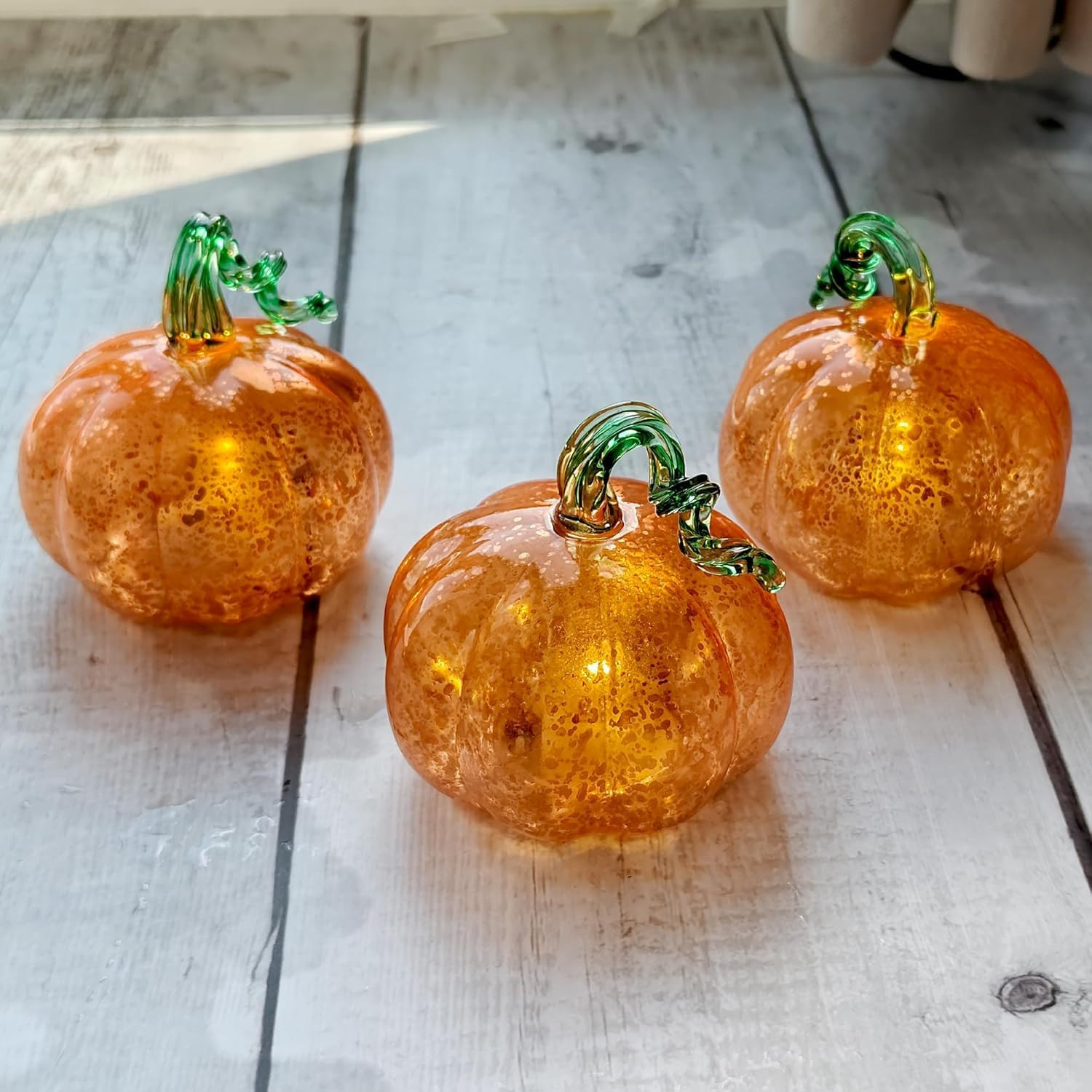 Set of 3 Golden Glass Pumpkin Lights - 2.5" Battery Operated LED Fall Decor for Halloween & Thank... | Amazon (US)