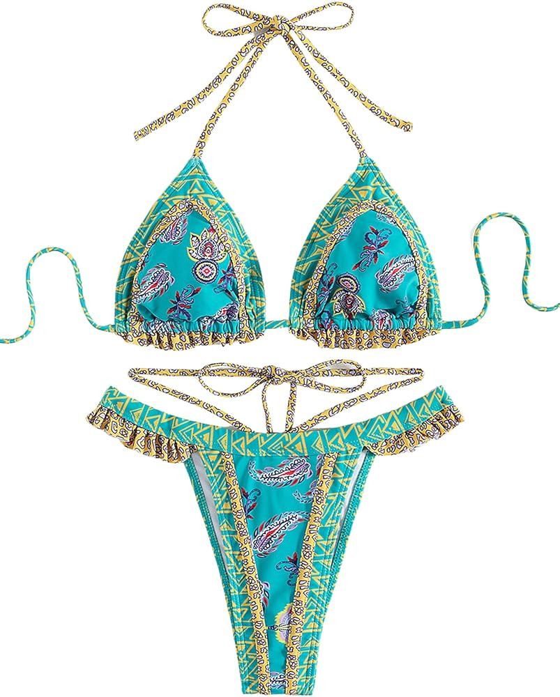 Milumia Women's Boho Floral Geo Print Tie Halter Frill Bikini Sexy Bathing Suit | Amazon (US)