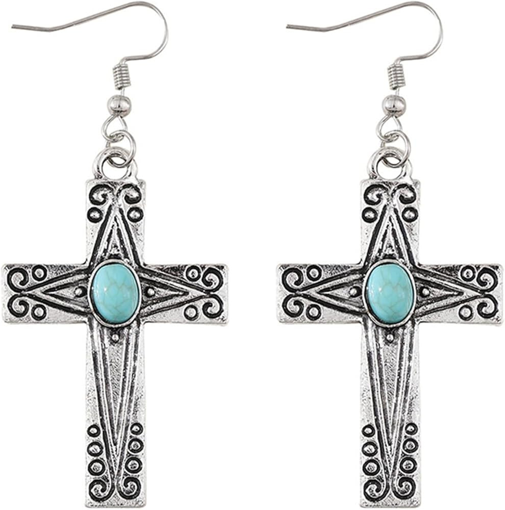 coadipress Boho Turquoise Cross Earrings for Women Mysterious Vintage Natural Turquoise Cross Dro... | Amazon (US)