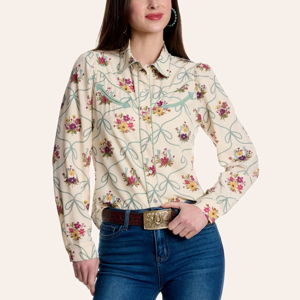 Rockin' C Women's Multicolor Floral Horseshoe Print Long Sleeve Pearl Snap Western Shirt | Cavender's