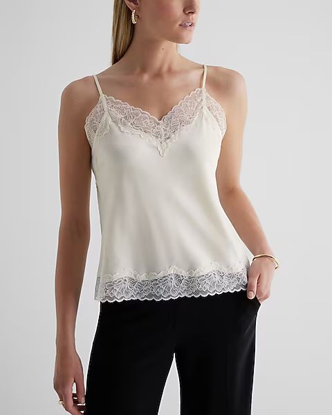 Satin Lace Trim V-Neck Downtown Cami | Express