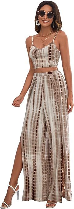 SheIn Women's Two Pieces Outfit Tie Dye Halter Crop Top and Criss Cross Split Thigh Maxi Skirt | Amazon (US)