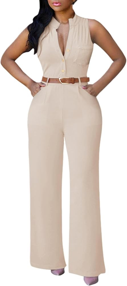 Pink Queen Jumpsuits for Women Dressy V Neck Sleeveless Wide Leg Long Pant Rompers Business Casua... | Amazon (US)