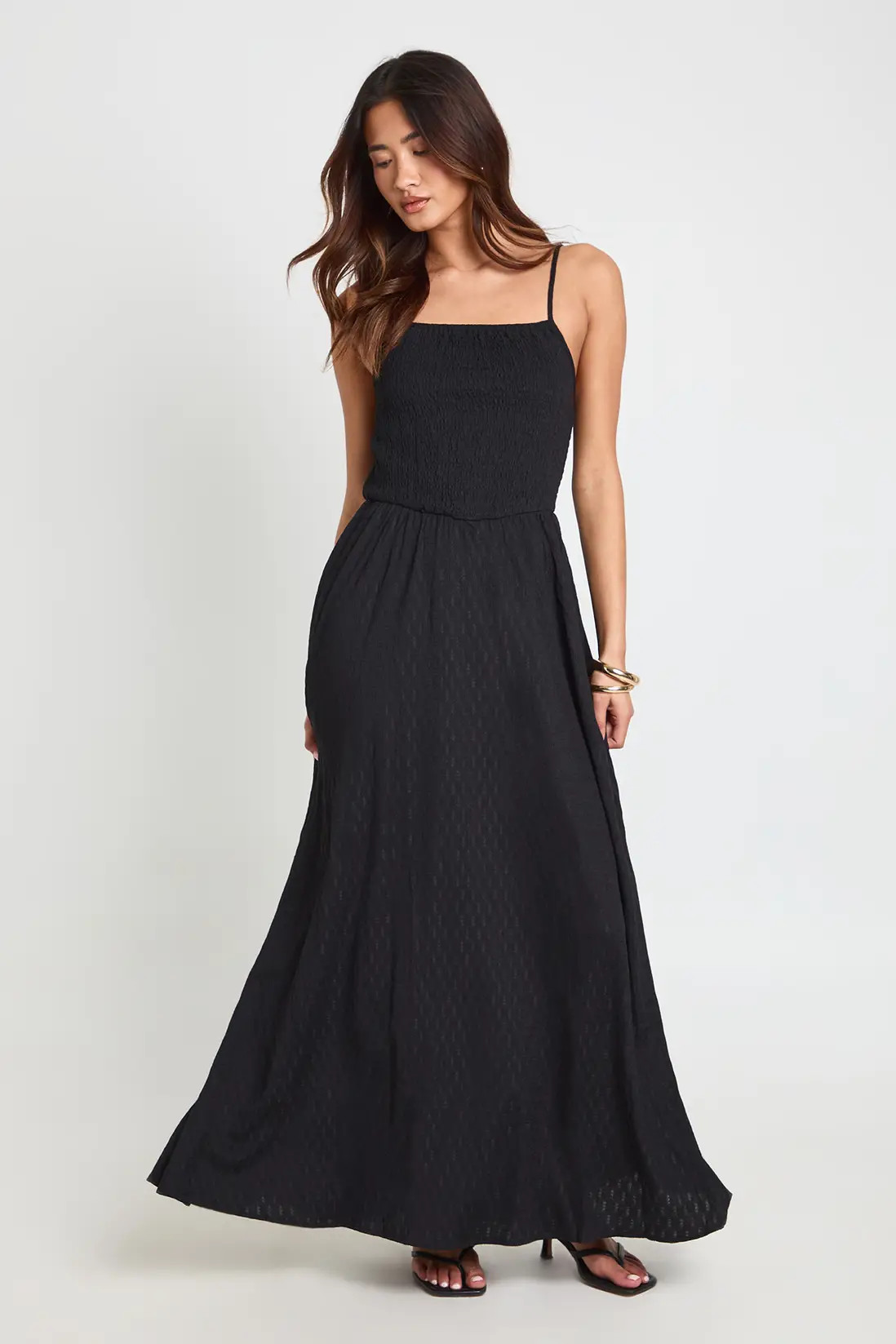 Black Textured Square Neck Shirred Bodice Maxi Dress | Boohoo | Boohoo.com (UK & IE)