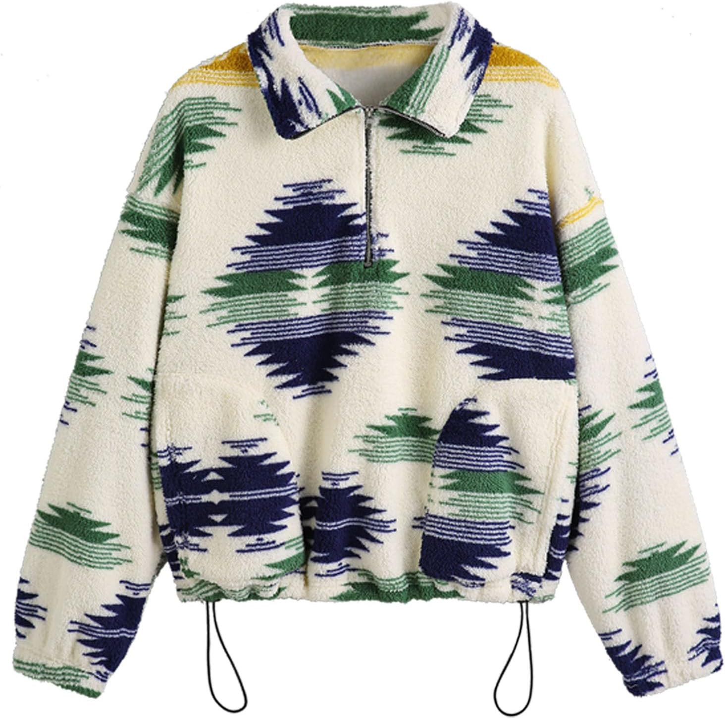 ZAFUL Women's Fashion Long Sleeve Lapel Half Zip Plain Faux Fur Sweatshirt Solid Color Crop Pullover Tops | Amazon (US)