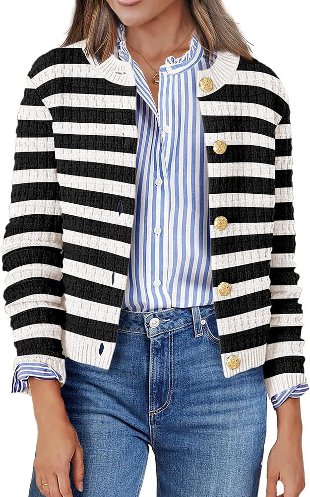 Zeagoo Women's 2024 Cardigan Sweaters Button Down Crew Neck Open Front Long Sleeve Knit Cropped J... | Amazon (US)