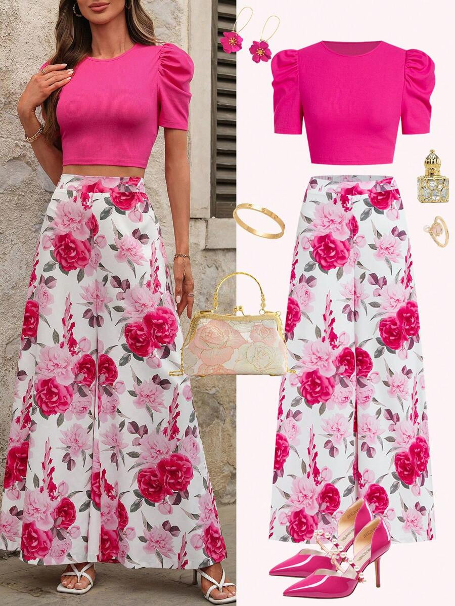 Ellevyn Women's Floral Print Round Neck Knit Gigot Sleeve Top And Wide Leg Pants 2-Piece Set, Rom... | SHEIN