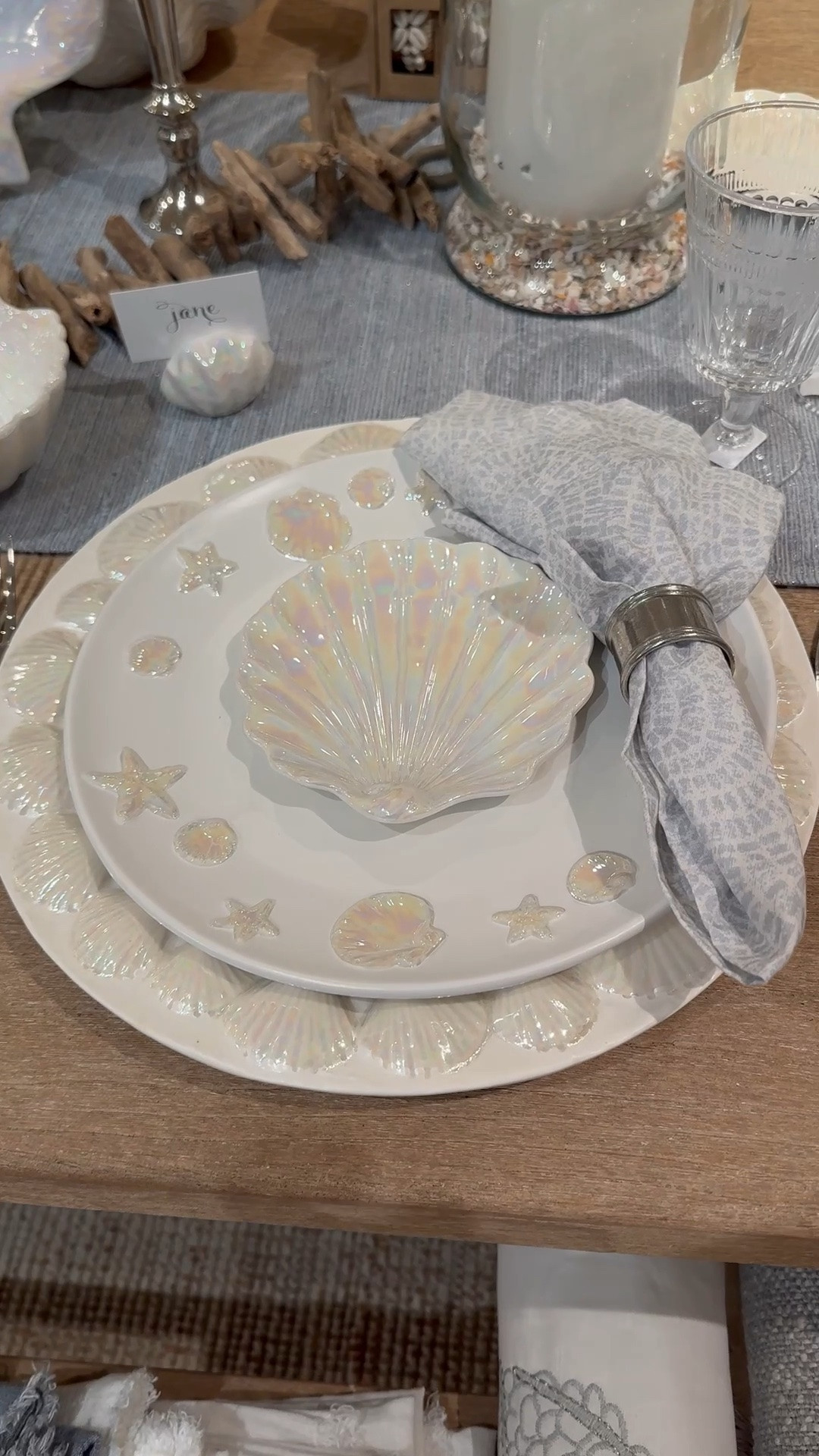 Perfect for summer coastal table top decor.  Shell dinnerware, home entertaining, place setting, beach house. ￼table setting