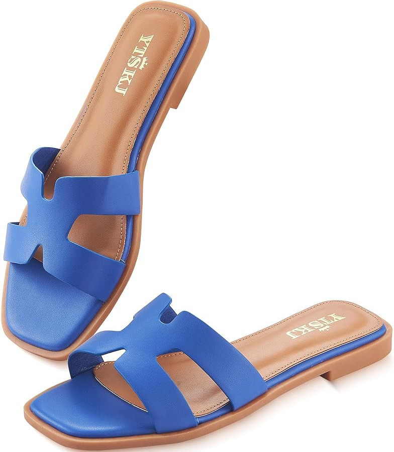 Sandals for Women 2026 Dressy Slides Flat Open Toe Comfortable Soft Leather Slip On Ladies Casual... | Amazon (US)