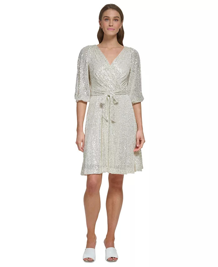 Women's Sequined V-Neck 3/4-Sleeve Belted Dress | Macy's